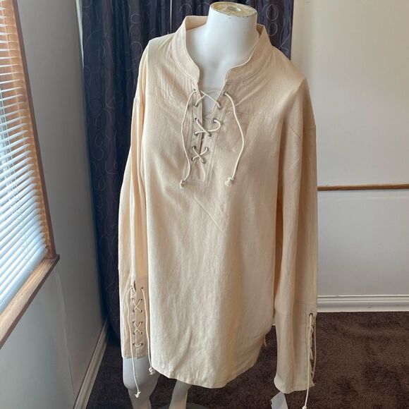 Tan Pirate Shirt lace up front and sleeves , size M - Picture 1 of 6